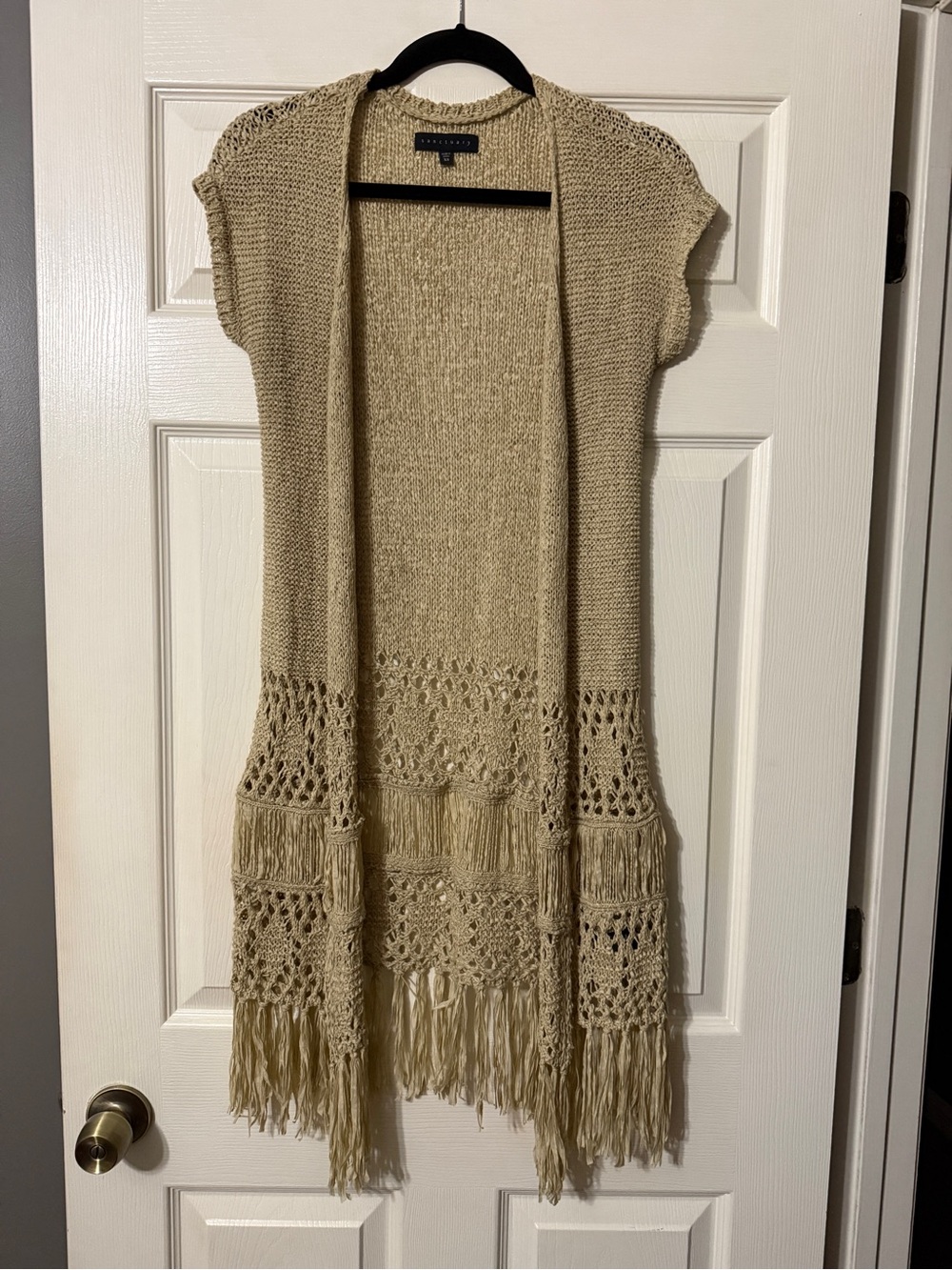 Sanctuary Beige Crochet Fringe Open-Front Sweater Vest